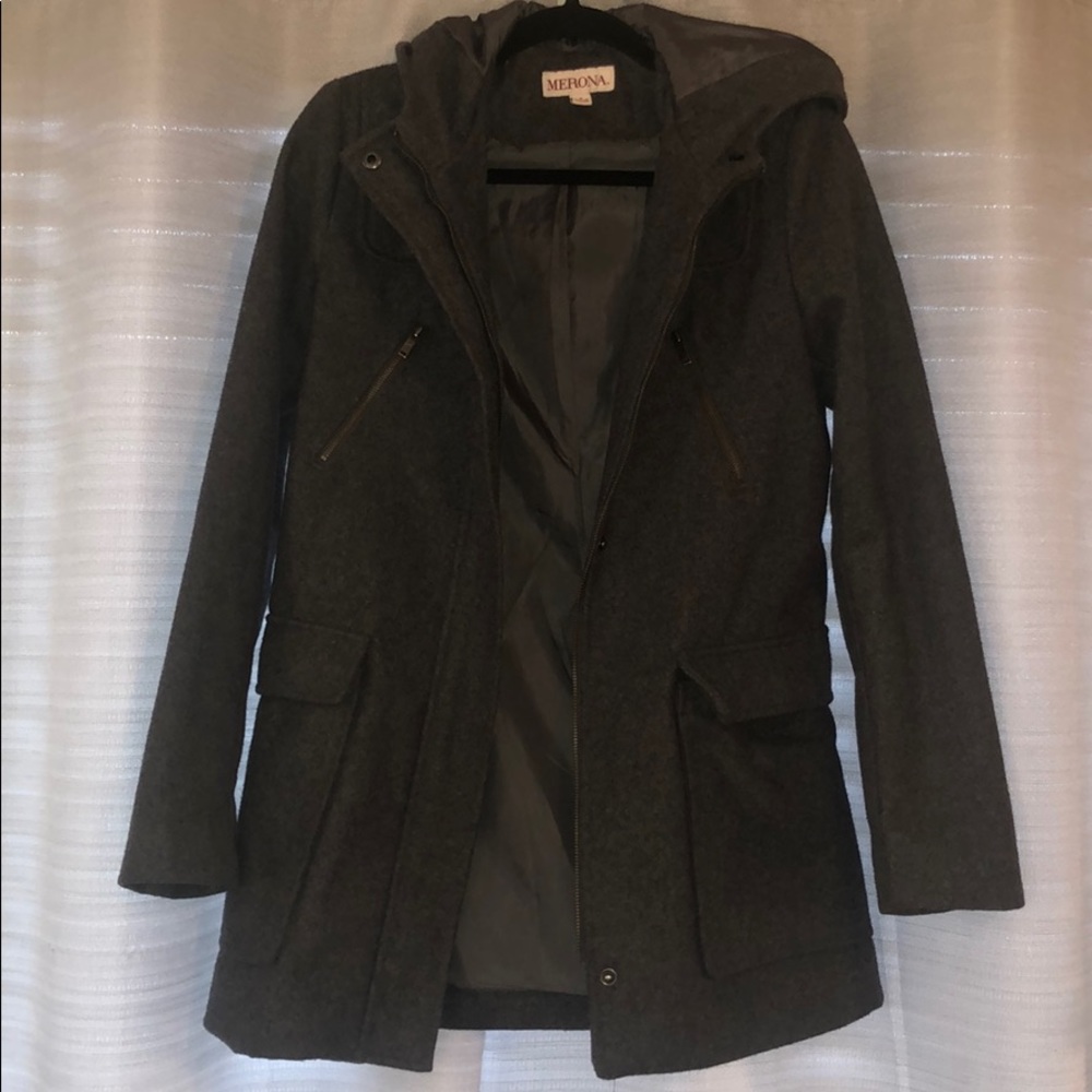 Gray wool winter peacoat with hood